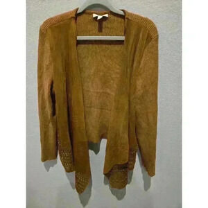 Westport Women's 1X Brown Faux-Suede Perforated Cardigan Sweater